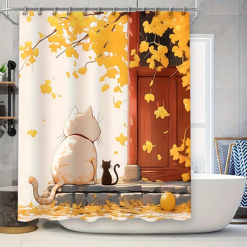 

Autumnal Charm Shower Curtain Featuring A Cat And Kitten Amidst Falling Leaves And Warm Colors For Bathroom Decor Easy-Clean W60H190(CM)-1 Pcs