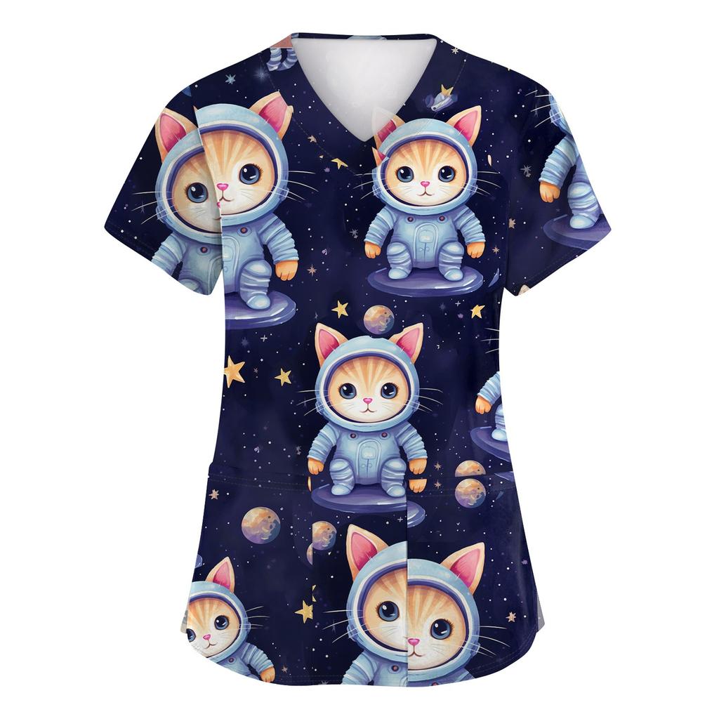 Women's Fashion Short Sleeve Cute Animal Printed V-Neck Pocket Workwear Tops