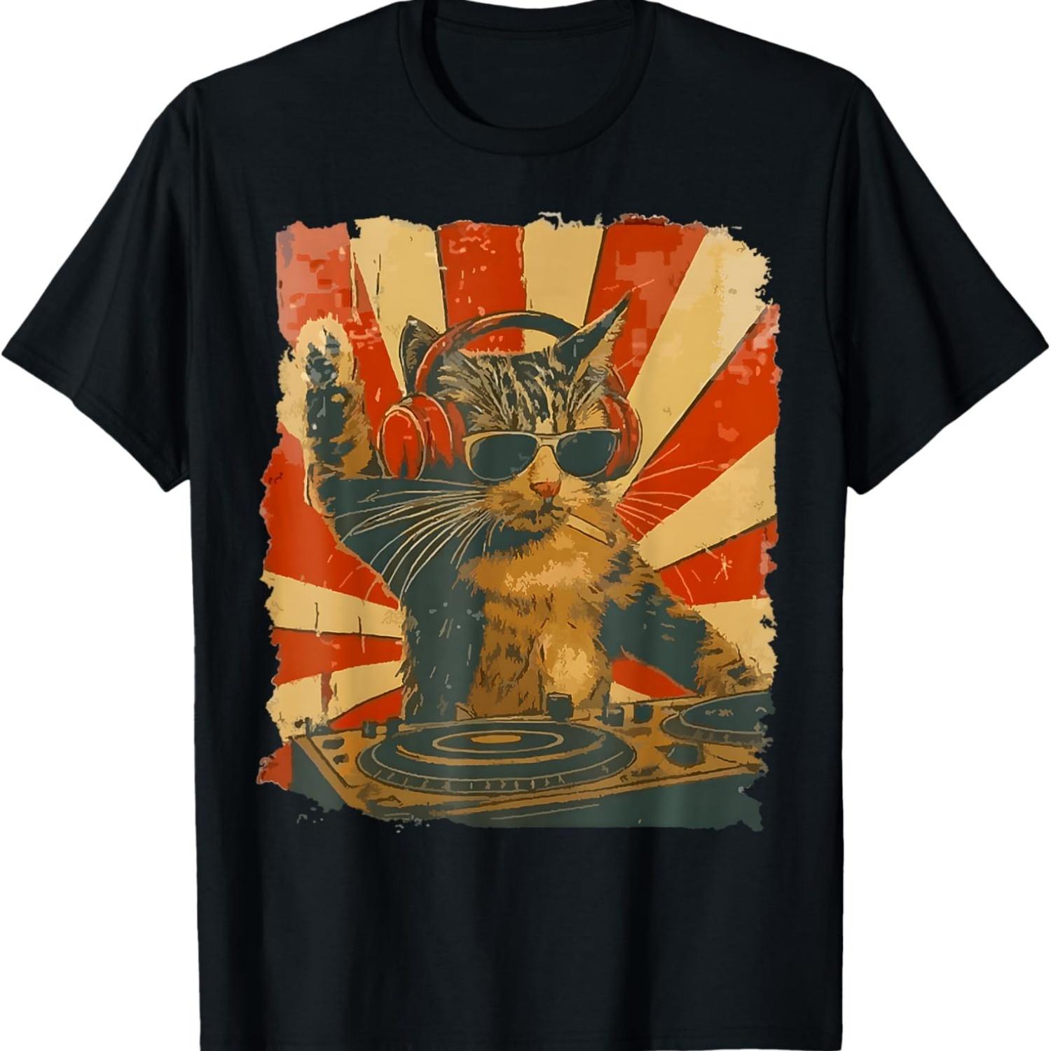 Funny DJ Cat Disco Sound Tech Headphone Music Retro Cat Meme T-Shirt S чёрный