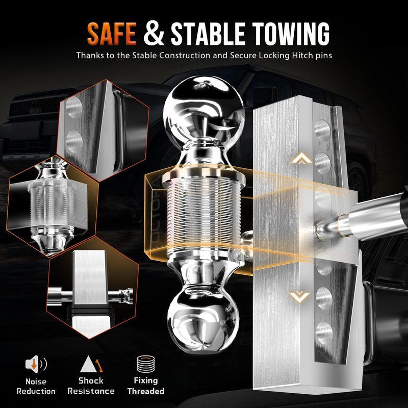 Adjustable Aluminum Tow Hitch for 2-Inch Receiver, 6-Inch Drop/Rise, 12,500 LBS GTW with Anti-Theft Locking Pins