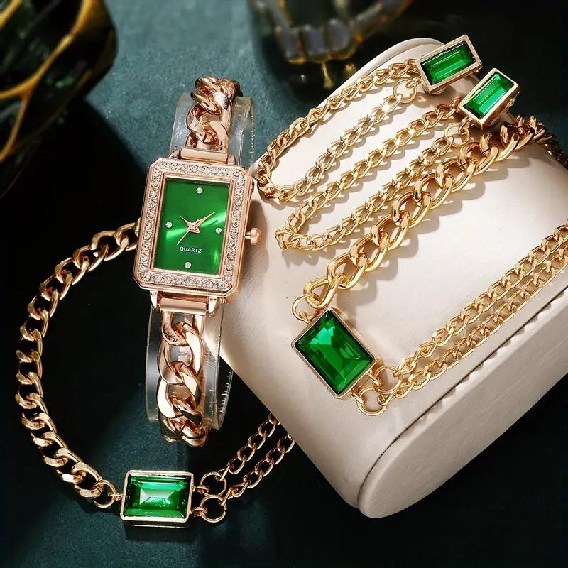 No gift box, new and small group temperament bracelet watch square quartz watch inlaid jewelry 4 pieces set