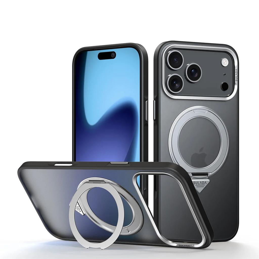 Magnetic Rotating Bracket Phone Case for IPhone 17 Pro Max 17 Air 17 Pro Frosted Transparent PC+TPU Ring Stand Back Cover