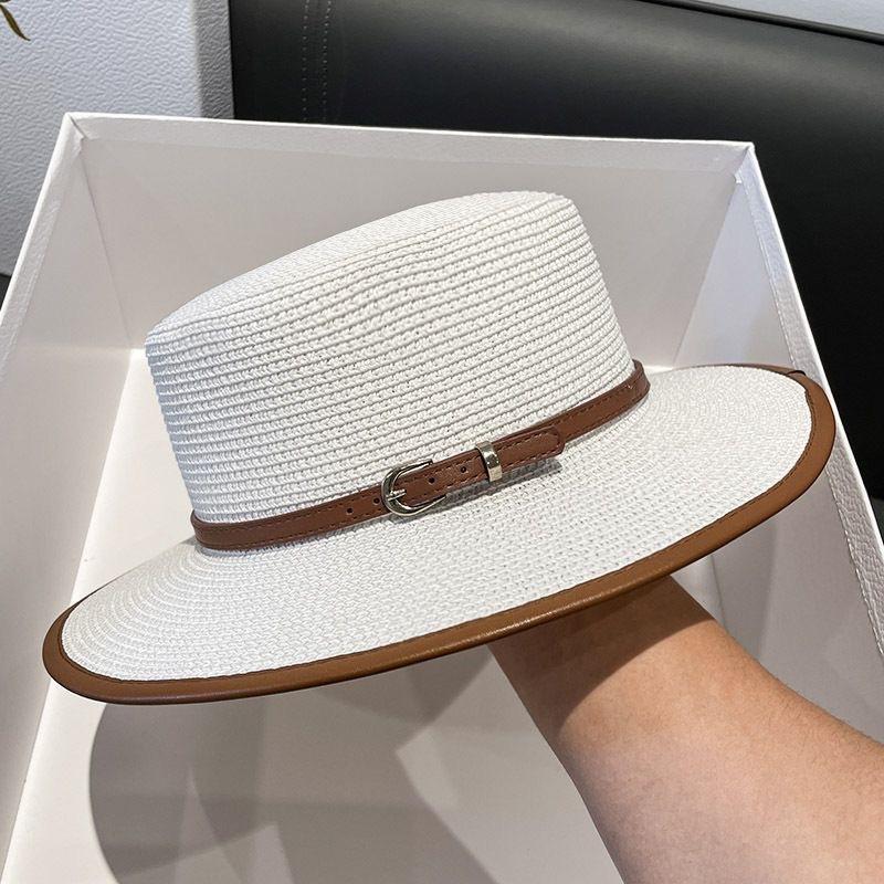 Neuer Sommer Französischer Flacher Stroh-Sonnenhut Große Größe Mode Sonnenschutz Flacher Breiter Rand Ausflug Strandurlaub Küste Cowboyhut M 56-58cm white