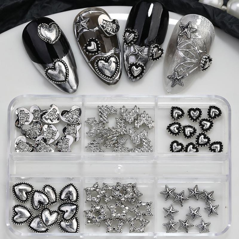 

6-Compartment Alloy Heart & Five-Pointed Star Shape Nail Art Charm Boxed Metal Nail Rhinestones Ornament For Girls & Ladies