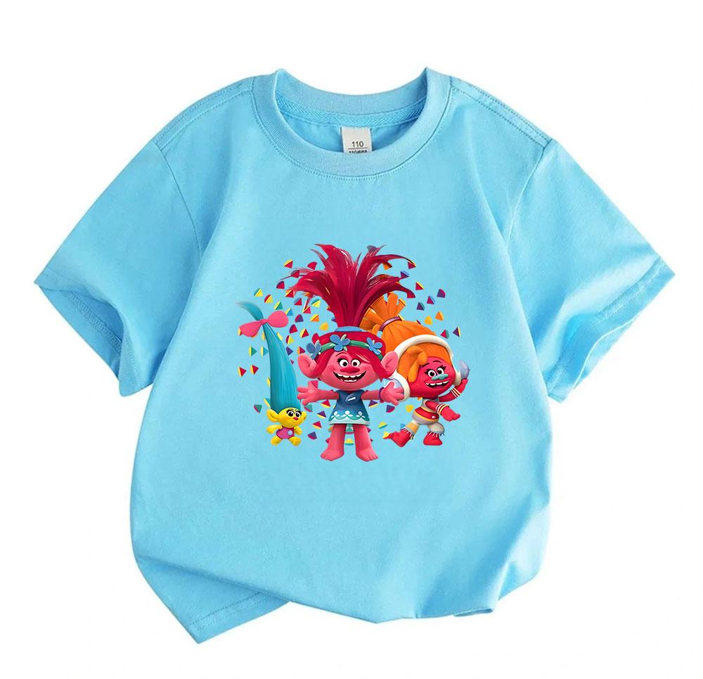 Kids Boys Girls 100% Cotton Crew Neck Short Sleeve T-Shirt, Cute Cartoon Troll Character Printed Casual Soft Lightweight Tee for Daily Wear Holiday Pa