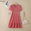 ZANZEA Women Casual V-Neck Short Sleeve Grid Print Dress
