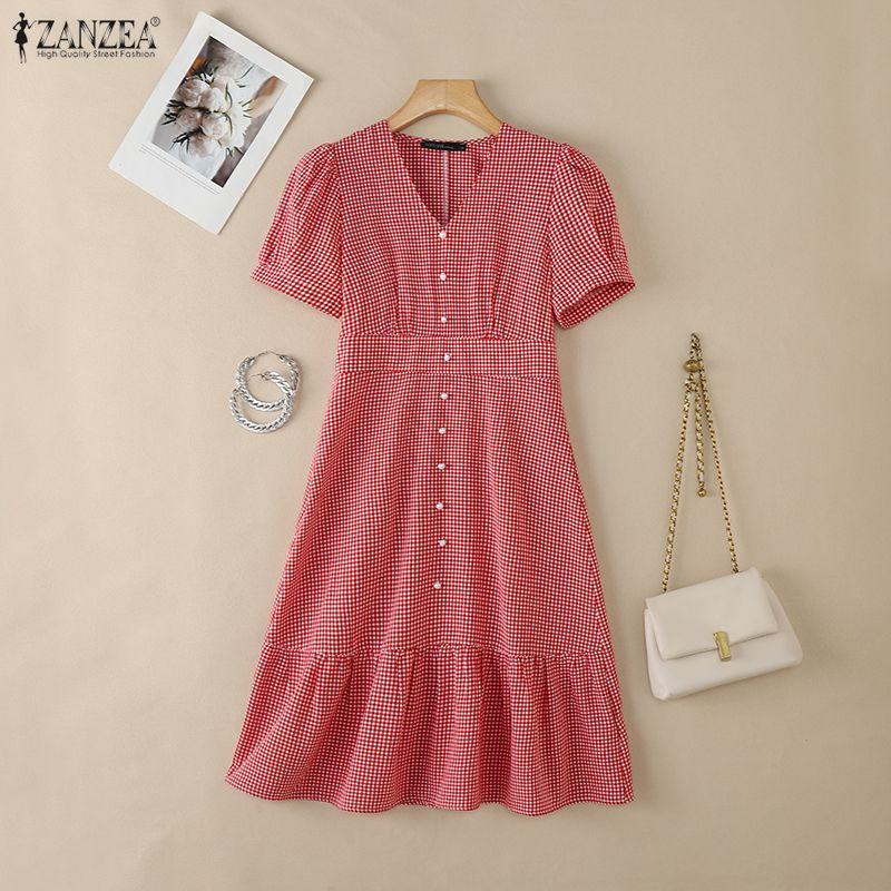 ZANZEA Women Casual V-Neck Short Sleeve Grid Print Dress