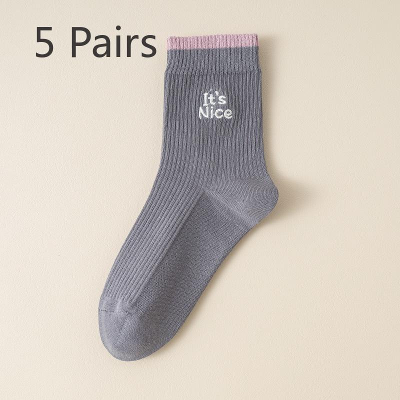 5 Pairs of Collision Screw Mouth Embroidery Drawstring Micro Women's Socks Boneless Autumn and Winter Sports Tall Rubber Band Mid-calf Socks Wholesale