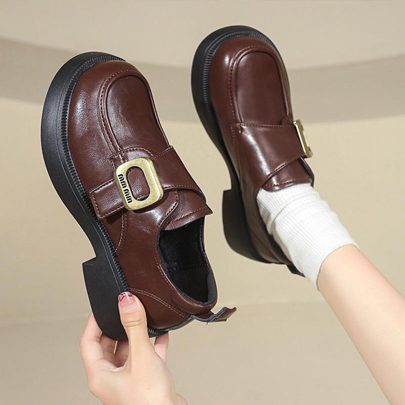 British Style Fashion Simple Loafers Square Buckle Soft Leather Women's Shoes 2025 Spring and Autumn New Height Increase Versatile Casual Shoes