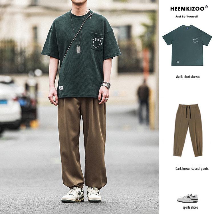 Men's Plus Size Summer Loose Fit Japanese Trend Waffle T-Shirt