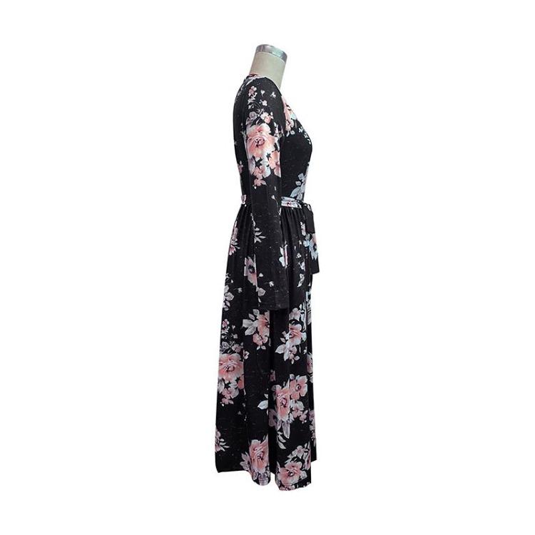 Women Elegant High Waist V-neck Chiffon Dress Long Sleeve A-Line Mid-Length Print Autumn Winter Fashion