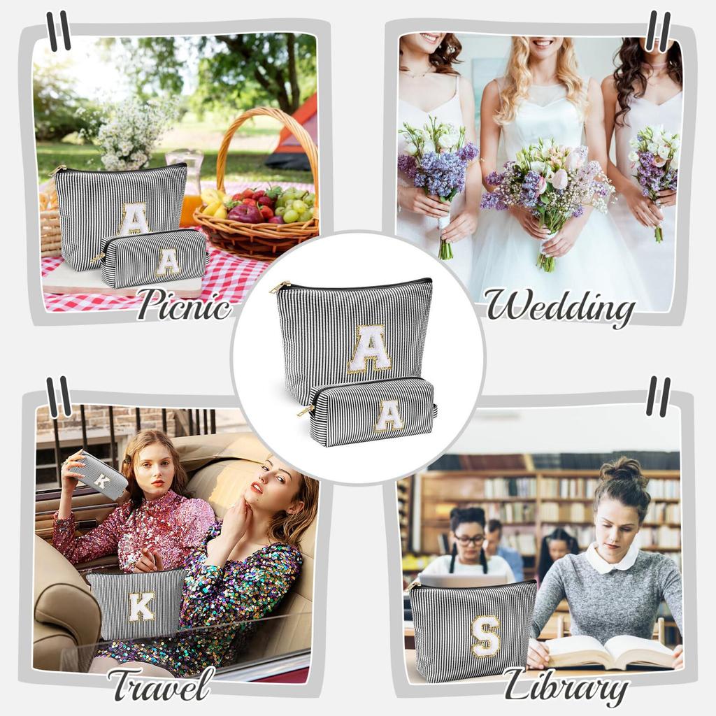 Embroidery Alphabet Makeup Bag Convenient Travel Storage Bag Large Capacity Striped Makeup Toiletry Bag