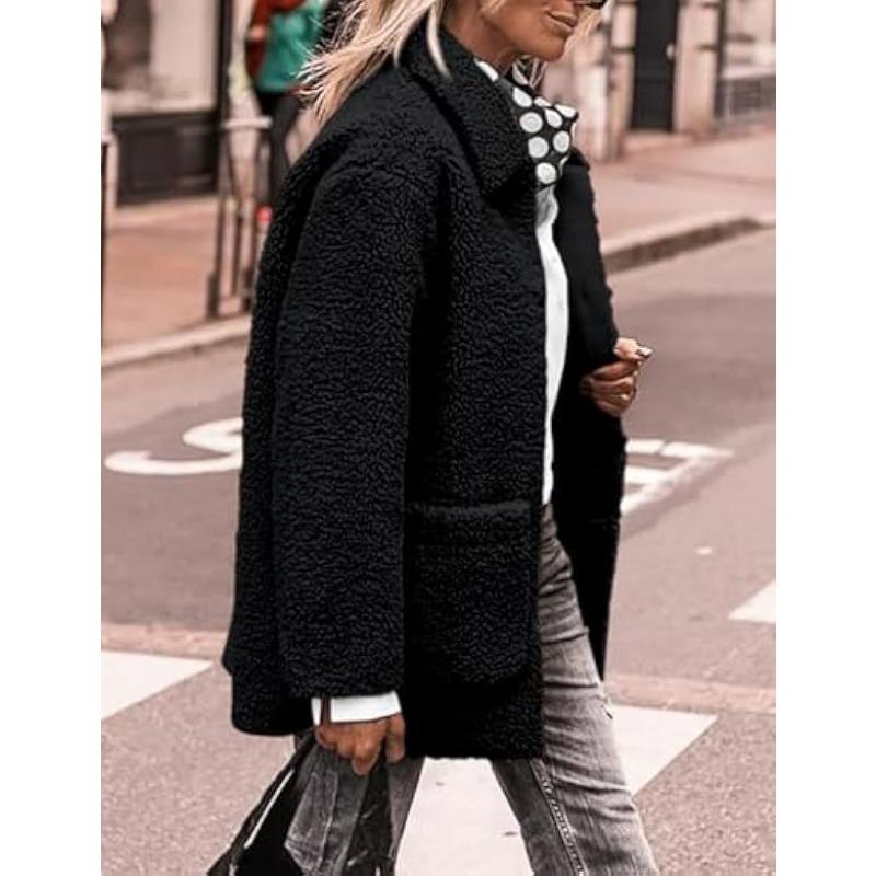 Lamb Wool Coat for Women Long Sleeves Turndown Collar  Medium Length Cotton Jacket Solid Color Warm Comfortable Autumn and Winter