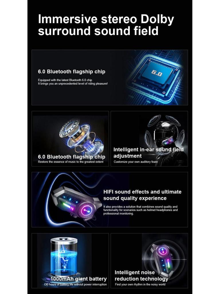 X3 X3PRO Bluetooth Noise-Canceling Motorcycle Helmet Earphones - Waterproof with Long Battery Life.