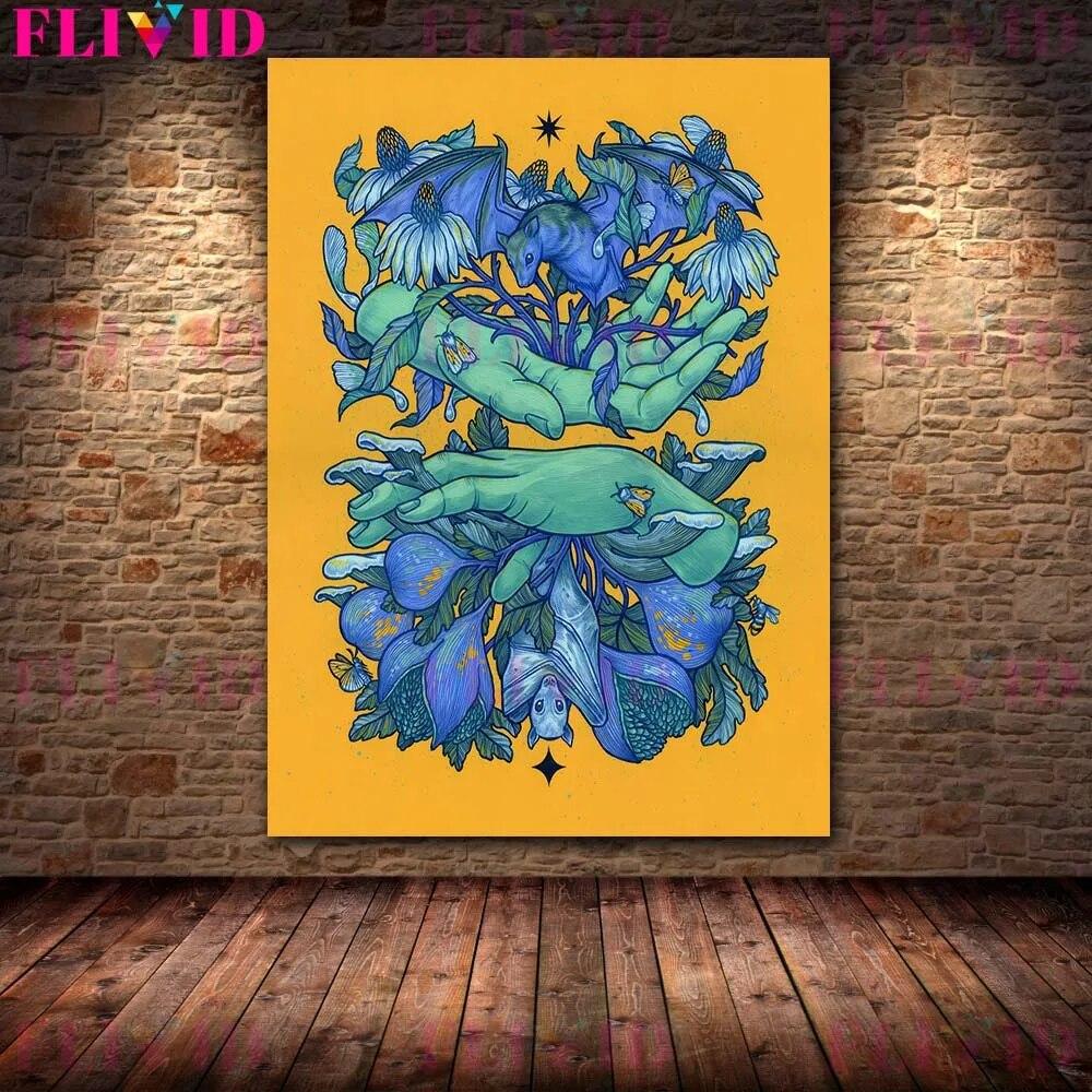 Skeletons,Flowers & Mysterious Animals Vintage Wall Art Canvas Painting Bat Opossum,Astrology Moon Stars Planets Poster Print No Frame