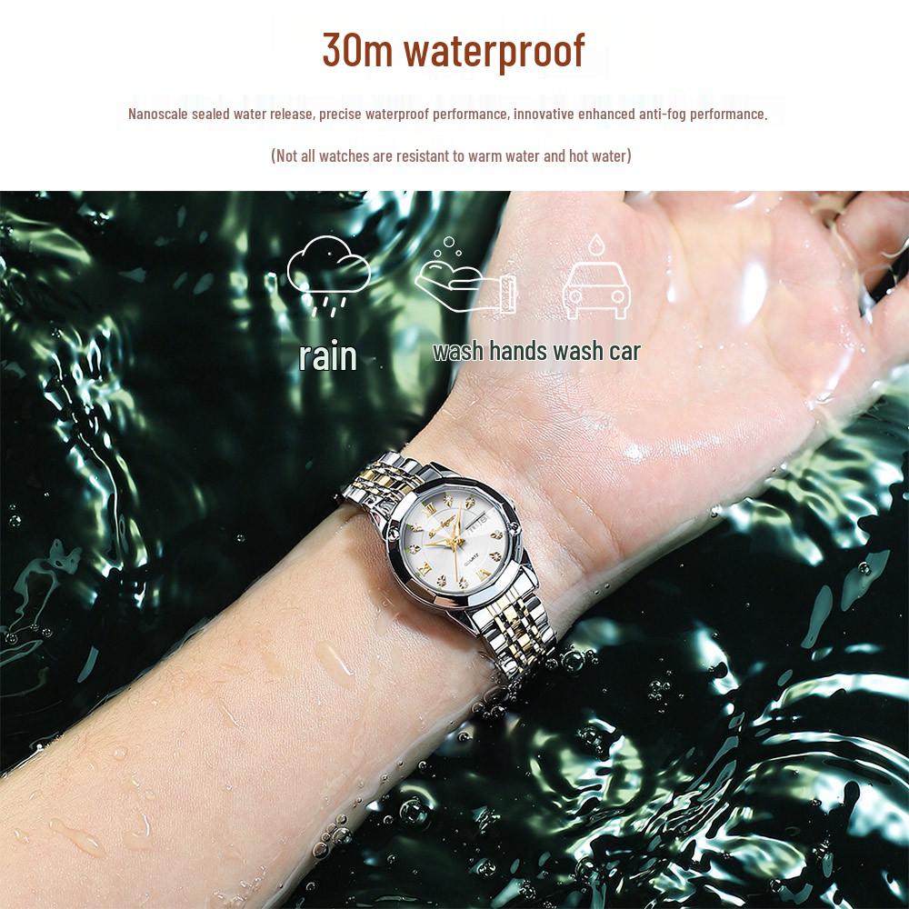 Ceas de mână nou elvețian pentru femei, rezistent la apă, luminos, cu calendar dublu