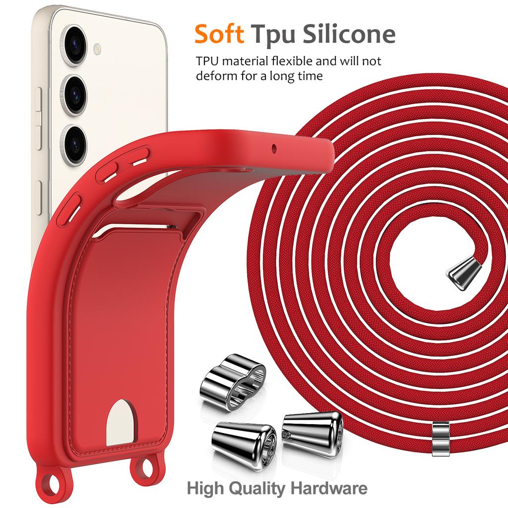For Samsung Galaxy S23+ Case Liquid Silicone Card Holder Phone Back Cover with Lanyard