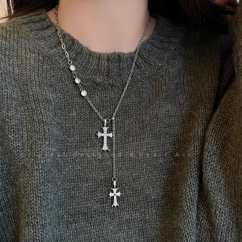 Double cross pendant necklace female long hip-hop autumn and winter sweater chain fashionable and simple couple sweater chain with accessories