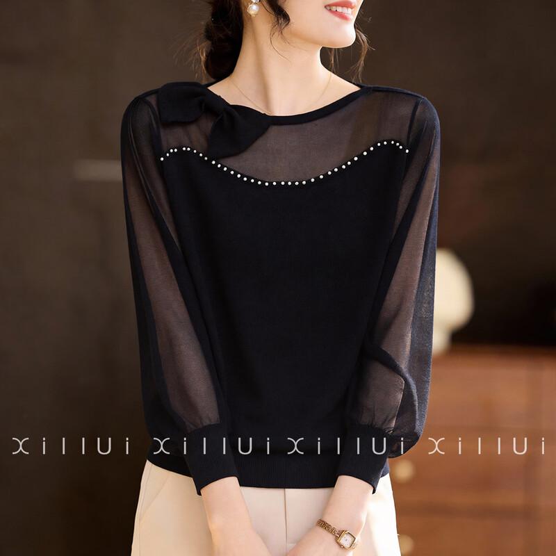 Women s Knit Top with Sheer Sleeves XL