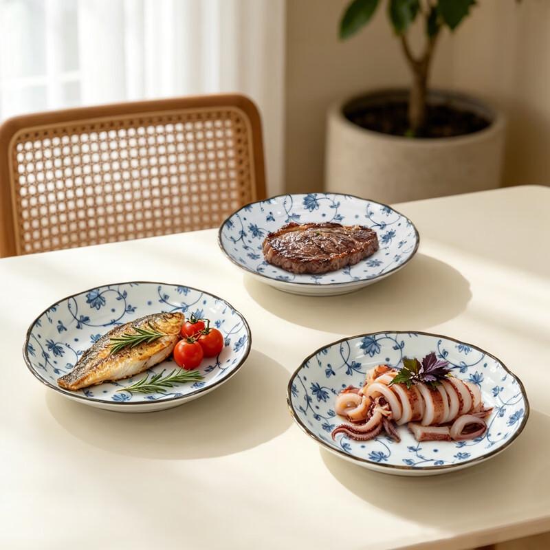 Mino Yaki Japanese 8.5-inch Underglaze Dinner Plate (Set of 3)