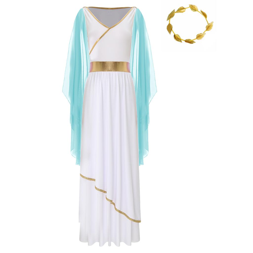 Womens Ancient Greek Roman Queen Costume V Neck Sleeveless Gold Trim Toga Dress Artificial Leaf Garland Headwear