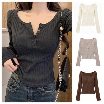 T-shirt da Donna Autunno Inverno Y2k Vestibilità Slim Scollo a U Abbottonatura Manica Lunga Corta Top Base alla Moda