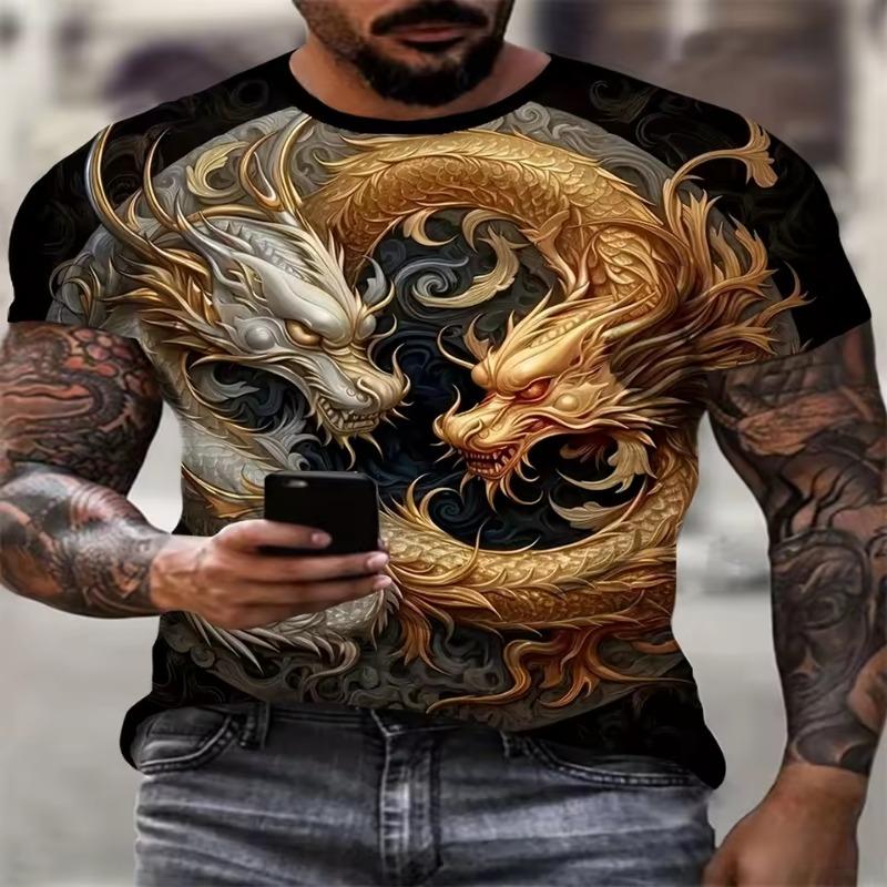 3D Digital Animation Style Roaring Dragon Pattern Round Neck Short Sleeve T Shirt Fashion Cool Men's Summer Streetwear Tops