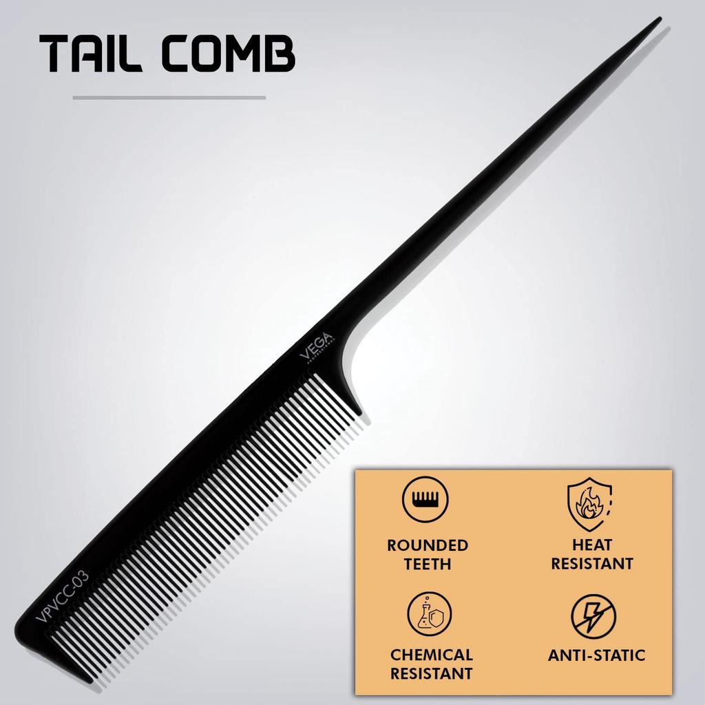 VEGA PROFESSIONAL Tail Comb (Carbon Anti-Static Black Line Hair Comb), (VPVCC-03)