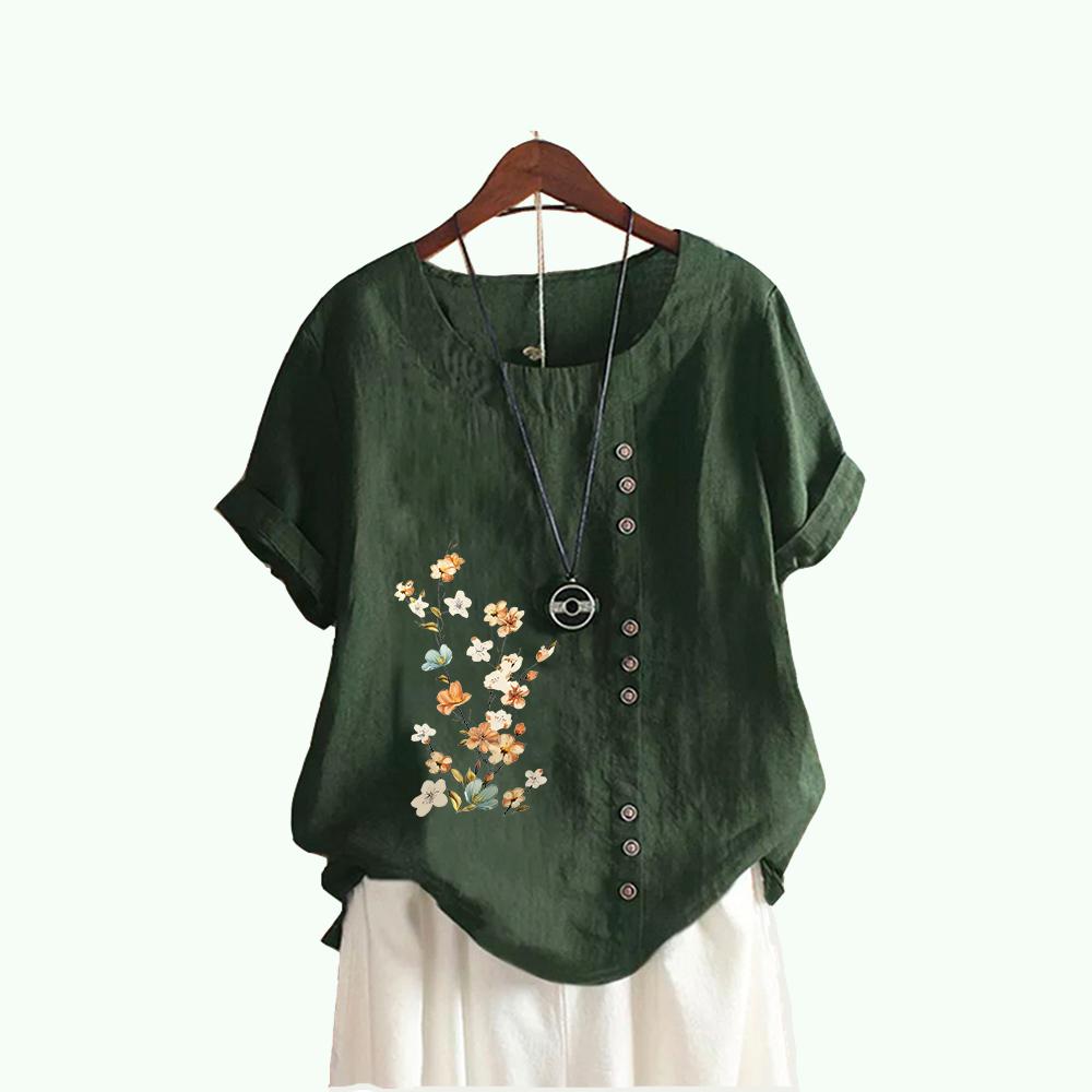 Moda damska T-shirt z kwiatowym nadrukiem Lato i jesień Casual Okrągły kołnierzyk z krótkim rękawem Top sweter Luźne bawełniane lniane bluzki