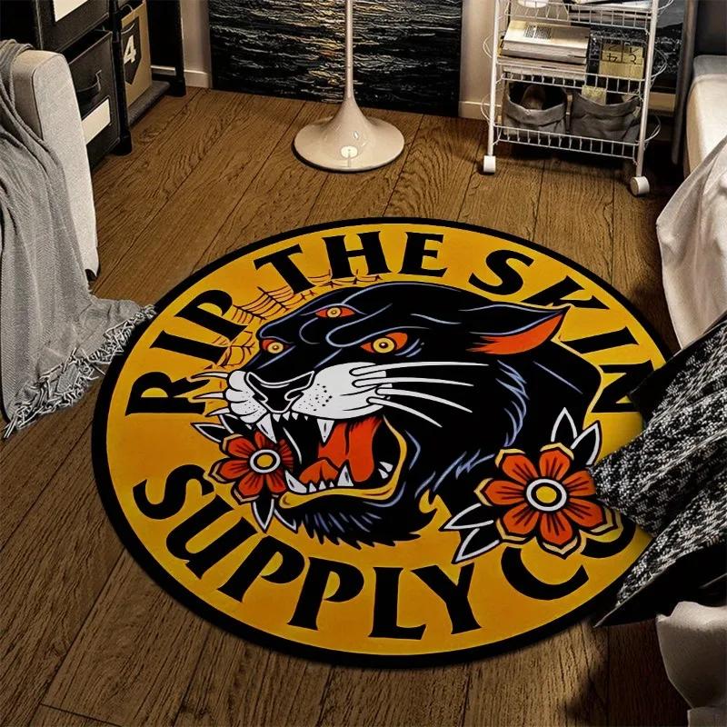 American Old School Black Panther Round Rug Polyester Area Gothic Home Decor Floor Mat Hand Wash Only Side Less Than Decoration