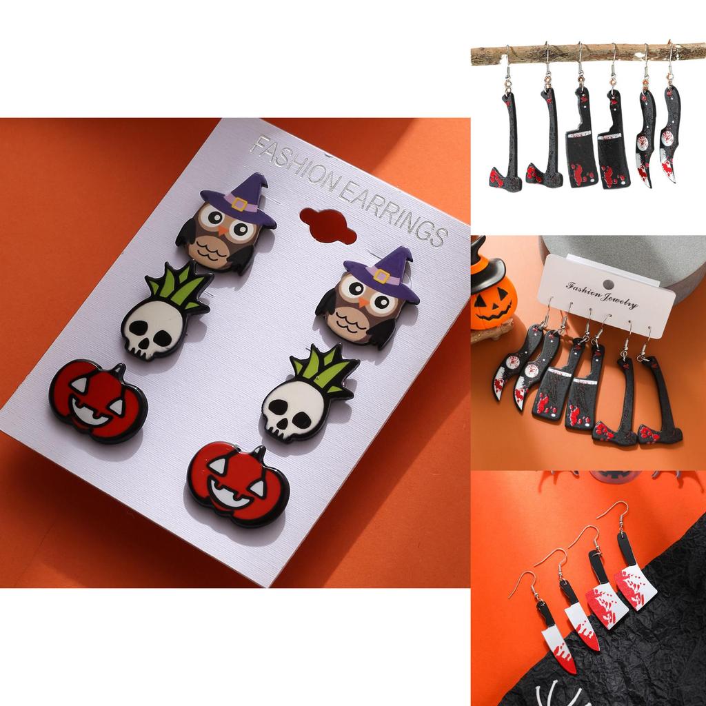 Unique Halloween Acrylic Earrings With Cartoon Skulls And Pumpkins