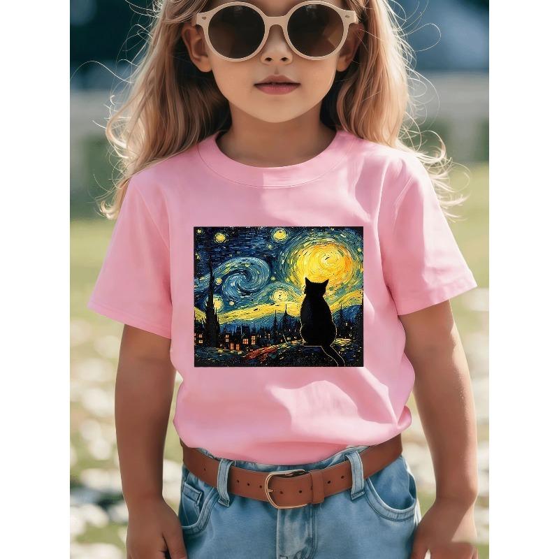 European Sizes Black Cat and Starlit Sky T-Shirt for Boys and Girls - Impressionist-style Charming Design, Short-sleeved Summer Casual Wear