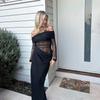 Women Sexy Sheer Mesh Panel Strapless Long Sleeve High Waist Bodycon Long Dress