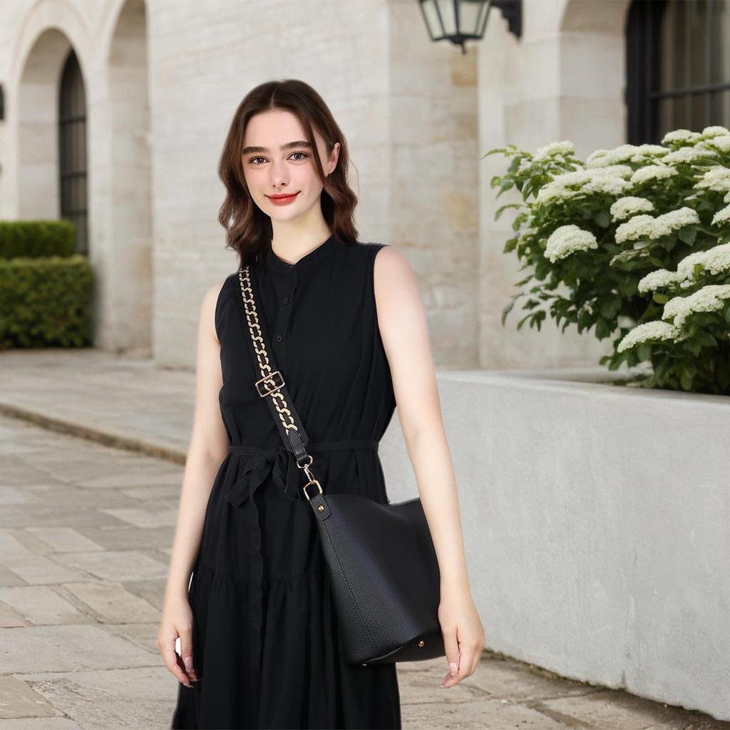 [DDBody] Embroidered Shoulder Strap, Replacement Bag Strap, Genuine Leather, Original Wide, Women's (Black Chain, 141cm X 3.8cm)