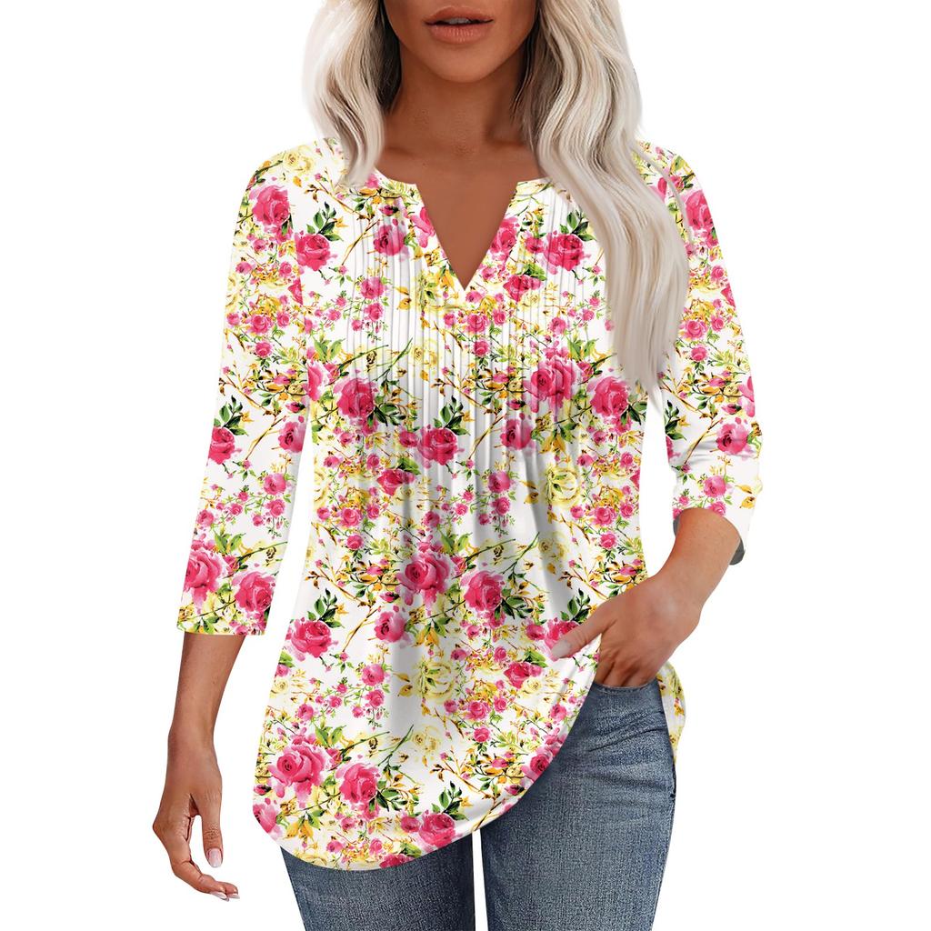 Γυναικείο μοντέρνο casual t-shirt με πλισέ λαιμόκοψη σε χρώμα V και μανίκια επτά τετάρτων