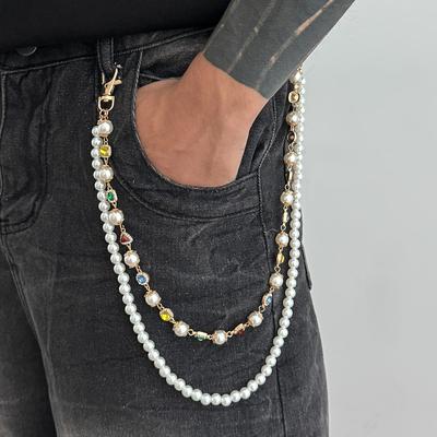 Ingemark Hip Hop Imitation Pearl Colorful Rhinestone Jeans Pants Chain Men Trend Creative Metal Pendant Bag Chain Couple Jewelry