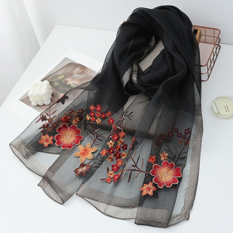 Four Season silk wool scarf women hijab pashmina shawls wrap Bandana Blanket Floral Pashmina Embroidery Scarves Foulard Fashion