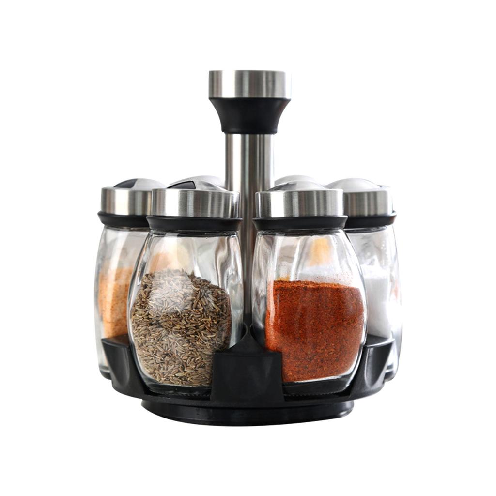 Rotating Spice Rack Set - 360° Revolving Glass Seasoning Jars with Stainless Steel Lids Food-Safe Lead-Free Glass for Kitchen Countertop, BBQ, Camping