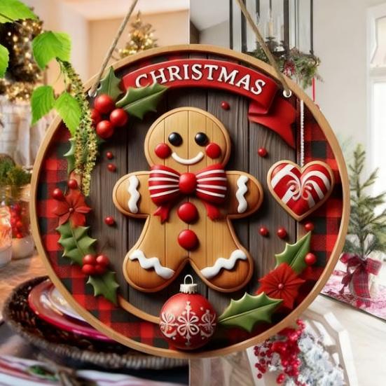 2D Merry Christmas Wooden Sign Red Black Plaid Gingerbread Man Wall Hanging Decor Front Door Porch Home Holiday Decorations
