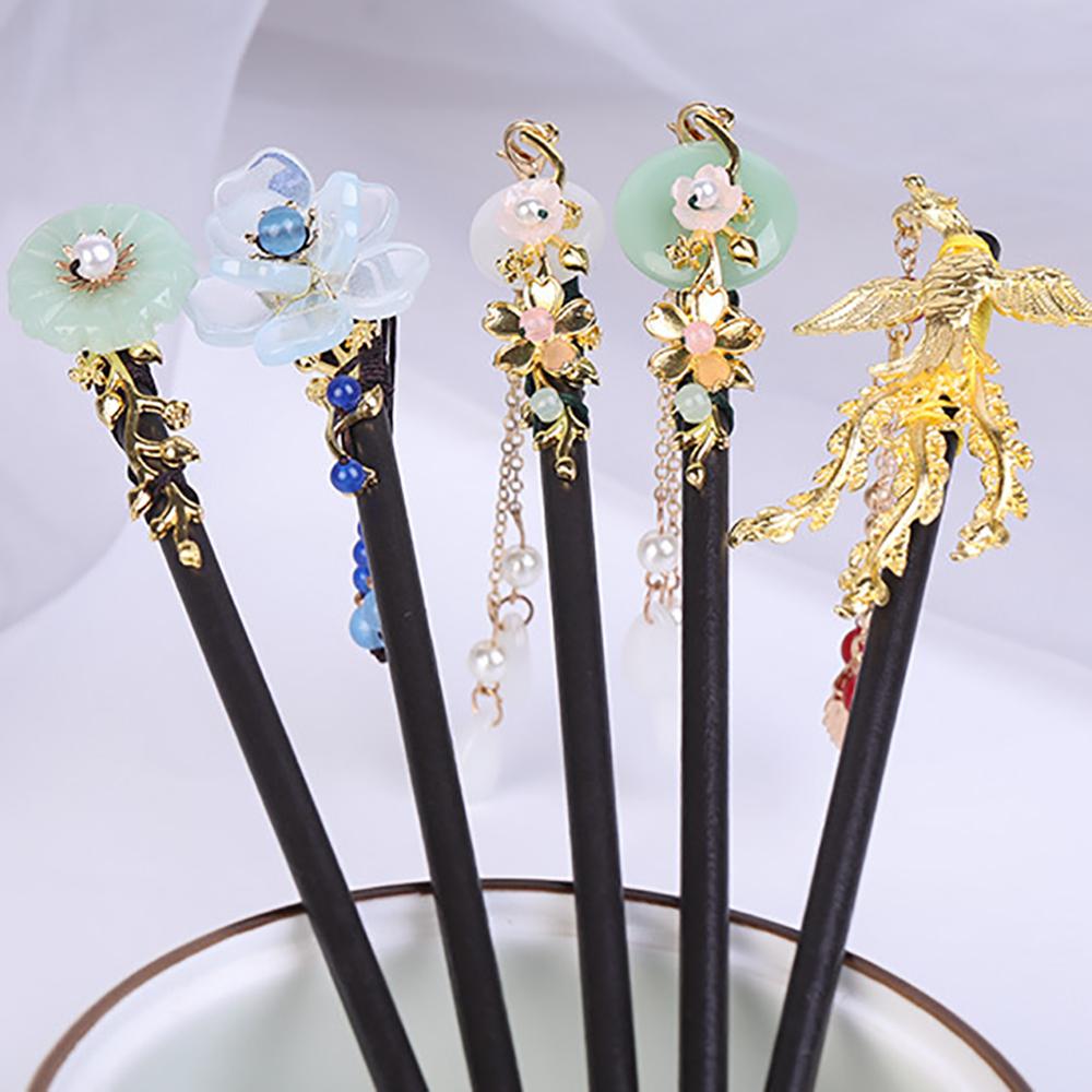 Hanfu Women Chinese Style Tassel Flower Hairpins Wooden Hair Fork Hair Sticks Hair Accessories