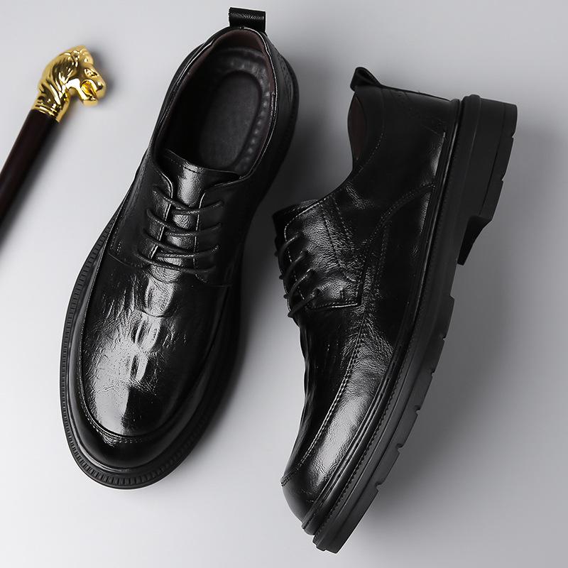 2025 Autumn New Men's Business Dress Leather Shoes Men's Crocodile Pattern British Lace-up Casual Platform Men's Shoes 6068