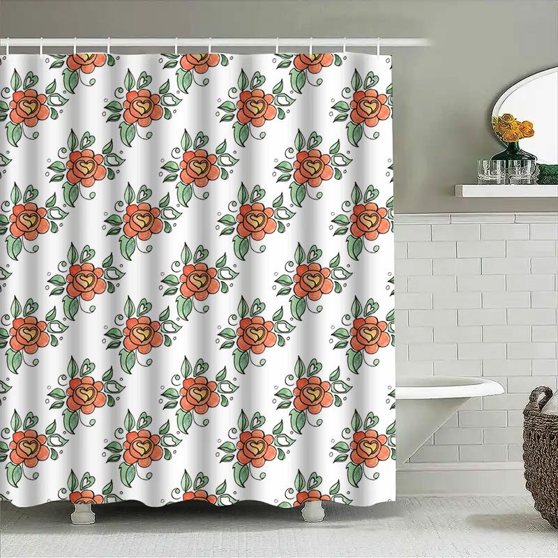 Vintage Roter Blumiger Duschvorhang Badezimmer Dekor Wasserdicht Waschbarer Stoff Duschvorhänge Für Heimdekoration Weiße Farbe (180