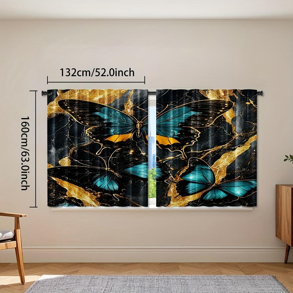2pcs   Watercolor Butterfly Print Backdrop Curtains   Golden Wings Butterfly Design   Curtain Drapes for Bedroom   Living Room   Perf