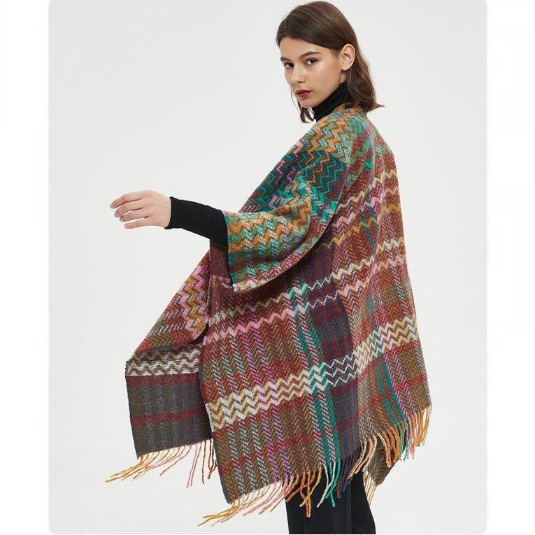 Knit Shawl Wrap for Women, Ladies Knitted Kimono with Fringe for Fall Winter, blanket shawl