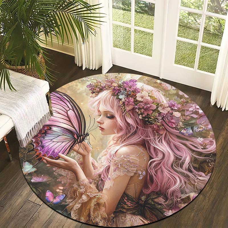 

Butterfly Fairy Artistic Flannel-printed round floor mats are slip-resistant Suitable for living room terrace garden carpets 60cm
