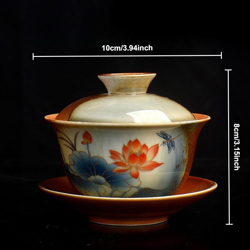 Hand Painted Lotus Gaiwan Ceramic Porcelain Tea Tureen Bowl Rotatable Lid Saucer Vintage Teacups Tea Ceremony Teaware Drinkware