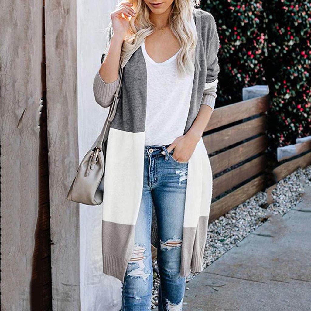 Womens Multicolor Striped  Patchwork Long Sleeve Fashion Cardigan  Sweater