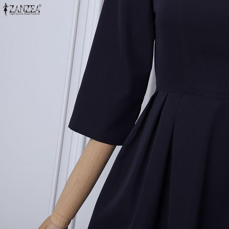 ZANZEA Women Casual Round Neck 3/4 Sleeve Elegant A-Line Dress