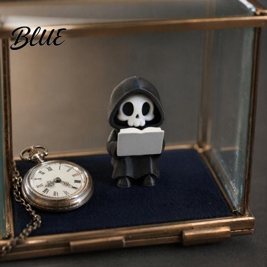 Sensenmann Statue Lese Figur 3D Gedruckte Mini Totenkopf Statue Vielseitige Schreibtischdekoration Niedliches Gotisches Skelett Ornament für Bücherregal,