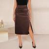 Women's New Slit High Waist Drawstring with Solid Color Mid Length Skirt